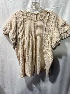 Anthropologie Cream Textured Short Sleeve Peasant Top